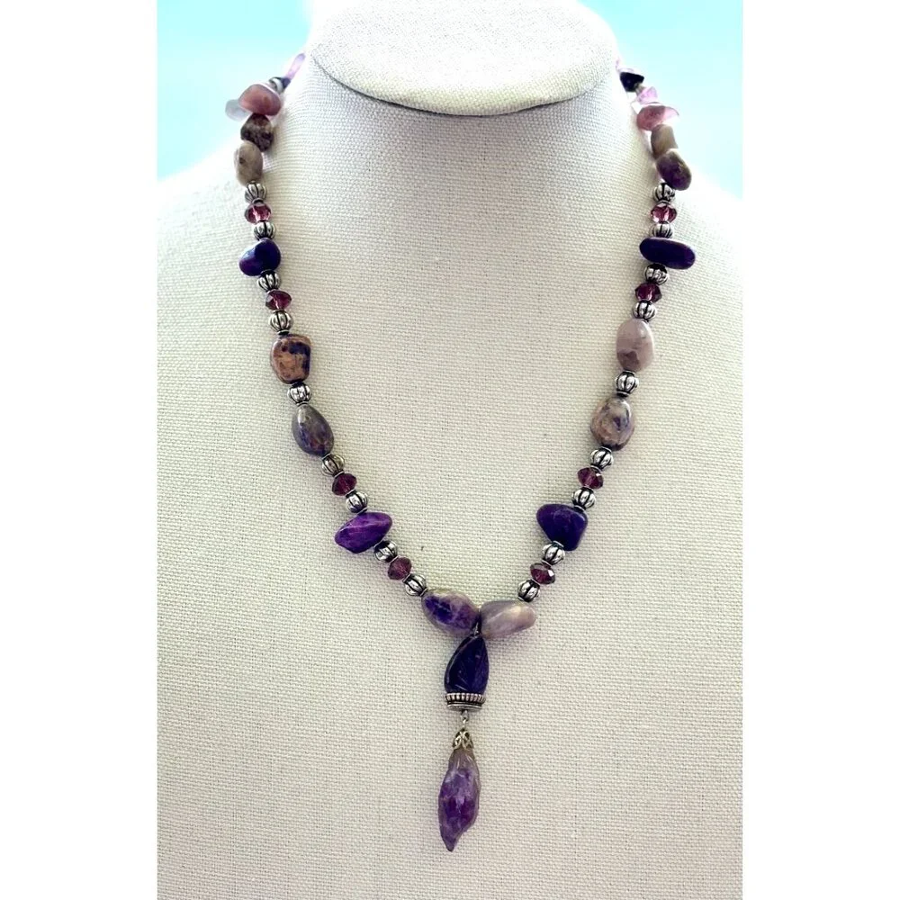 Purple & Pink Gemstone Beaded Necklace With Amethyst Pendant & Adjustable Chain